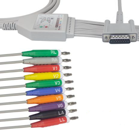 CABLE DE EKG DE 10 DERIVACIONE BANANA PARA ELECTROCARDIOGRAFO PHILIPS 200, 200i, AGILENT 300PI, 300i, M1770A, M1771A, M1772A, M2662A, PAGEWRITER 100, 200, 200i, 300pi, Tc20, Tc30, CARDIOCARE 12, (10K RESISTENCIA) REF. ORIG.: M3702C