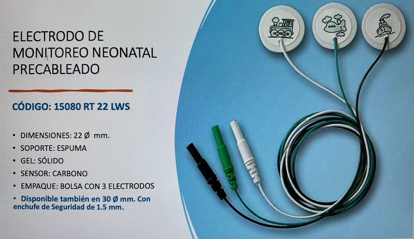 RT 22 LWS ELECTRODO NEONATAL PRECABLEADO. PAQUETE CON 3 ELECTRODOS. 15080